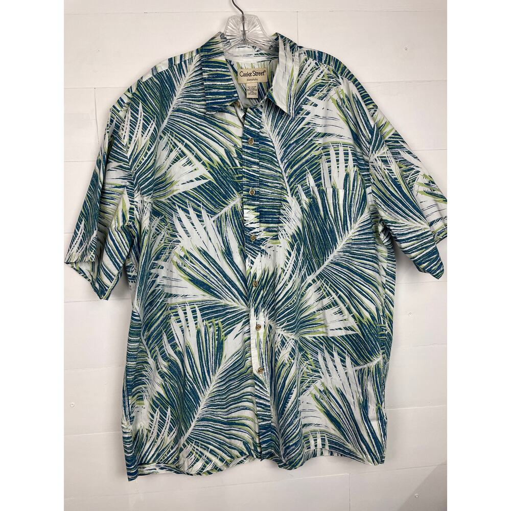 Cooke Street Honolulu Men 2XL Hawaiian Shirt Cotton Blue Green Palm Leaf Button